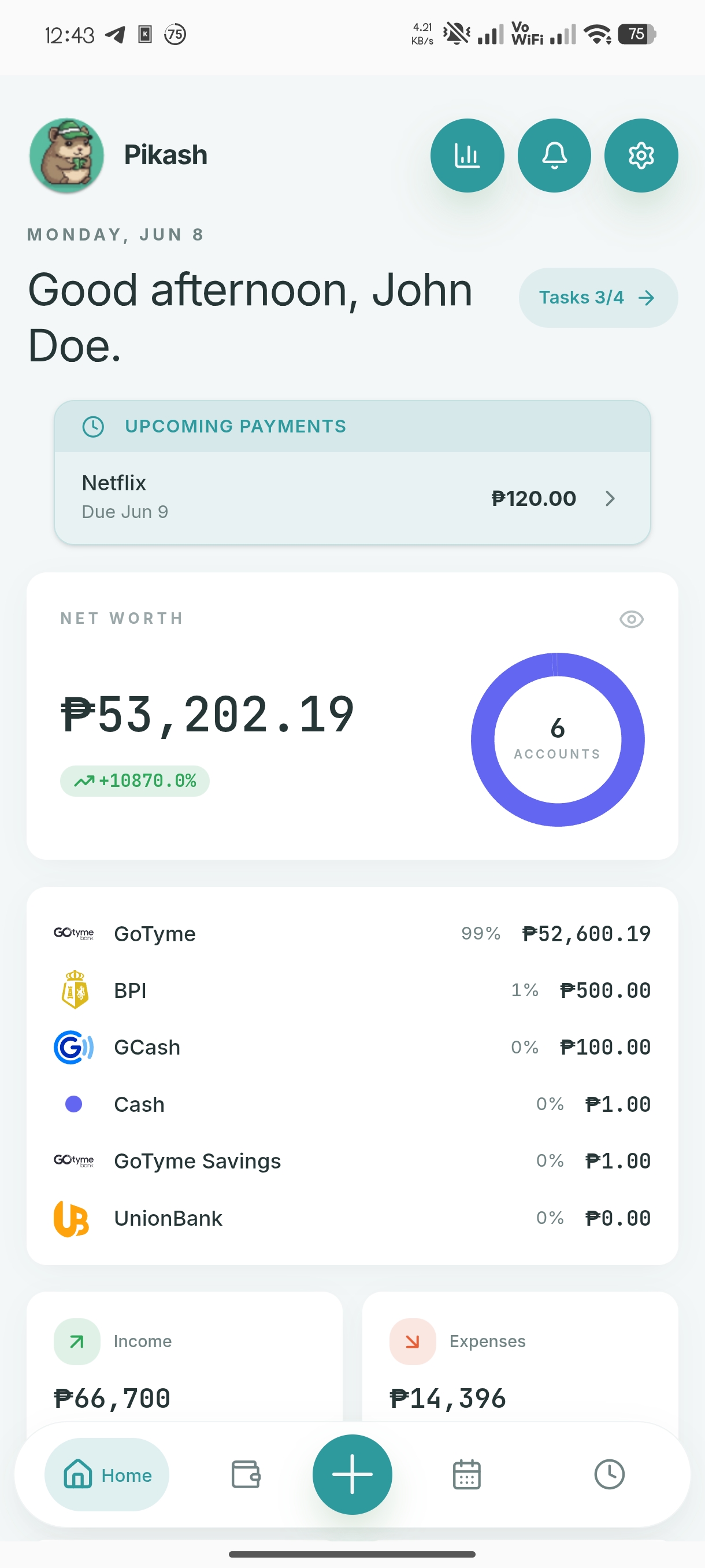 Pikash home dashboard showing balance and recent transactions